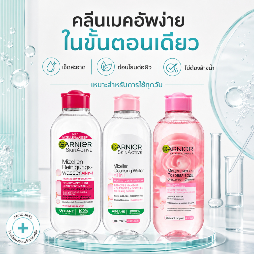 การ์นิเย่ ไมเซลล่าคลีนซิ่งวอเตอร์ 400ml เช็ดเมคอัพสะอาด สำหรับหน้า ตา และริมฝีปาก อ่อนโยน มี 3 สูตร