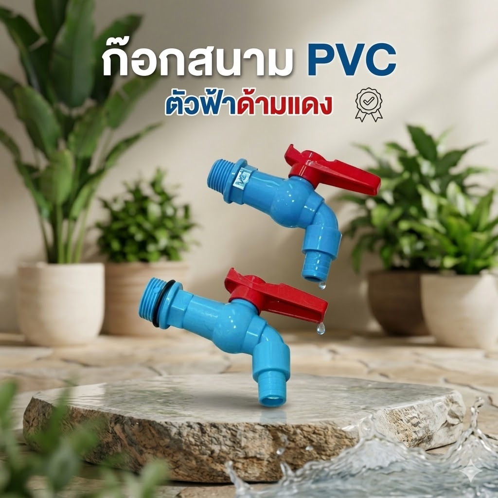 ก๊อกสนามPVC ก๊อกบอลPVC ขนาด 1/2"(4หุน) และ 3/4"(6หุน) ตัวฟ้าด้ามเเดง