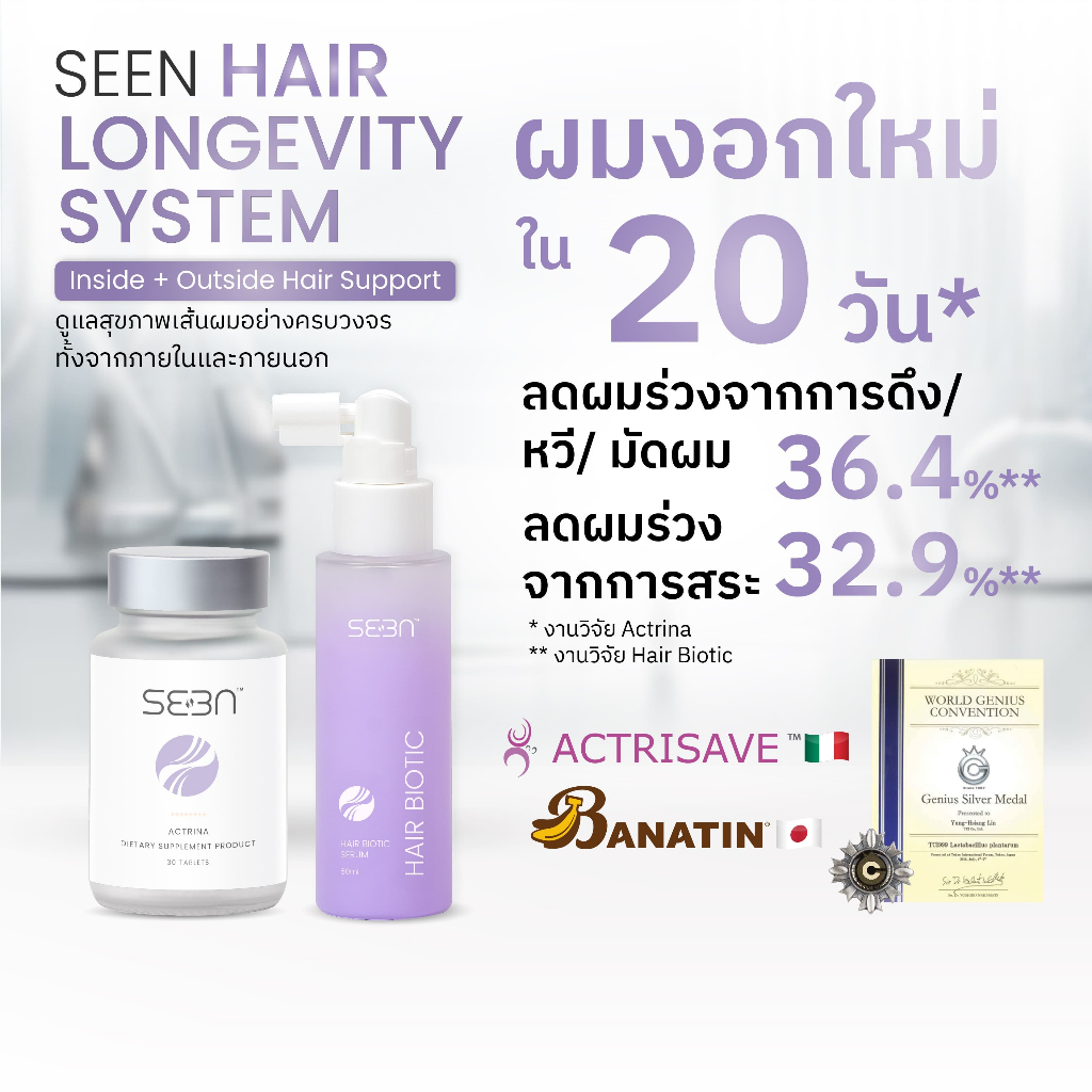 SEEN Hair Longevity System | Actrina + Hair Biotic Serum | ลดผมร่วง ลดผมบาง เพิ่มลูกผม รากผมแข็งแรง