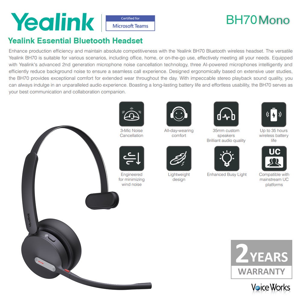 Yealink Bluetooth Headset BH70 Mono, 3 ไมค์ตัดเสียงรบกวนเยี่ยม เสียงนุ่มนวลแต่เบา 91g คุยยาวได้ 35ชม