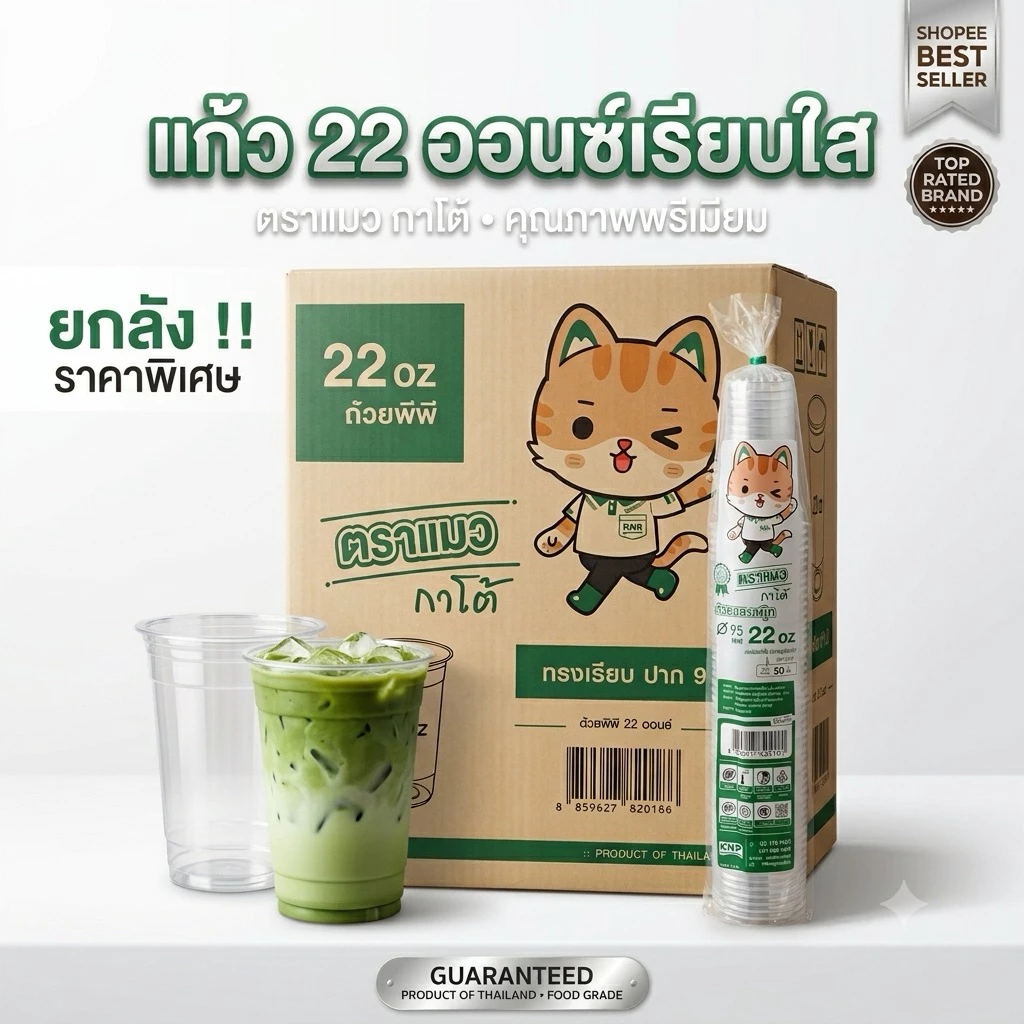 [ยกลัง] แก้ว 22 ออนซ์ เรียบใส ปาก95 ยกลัง 1000 ใบ ตราแมวกาโต้
