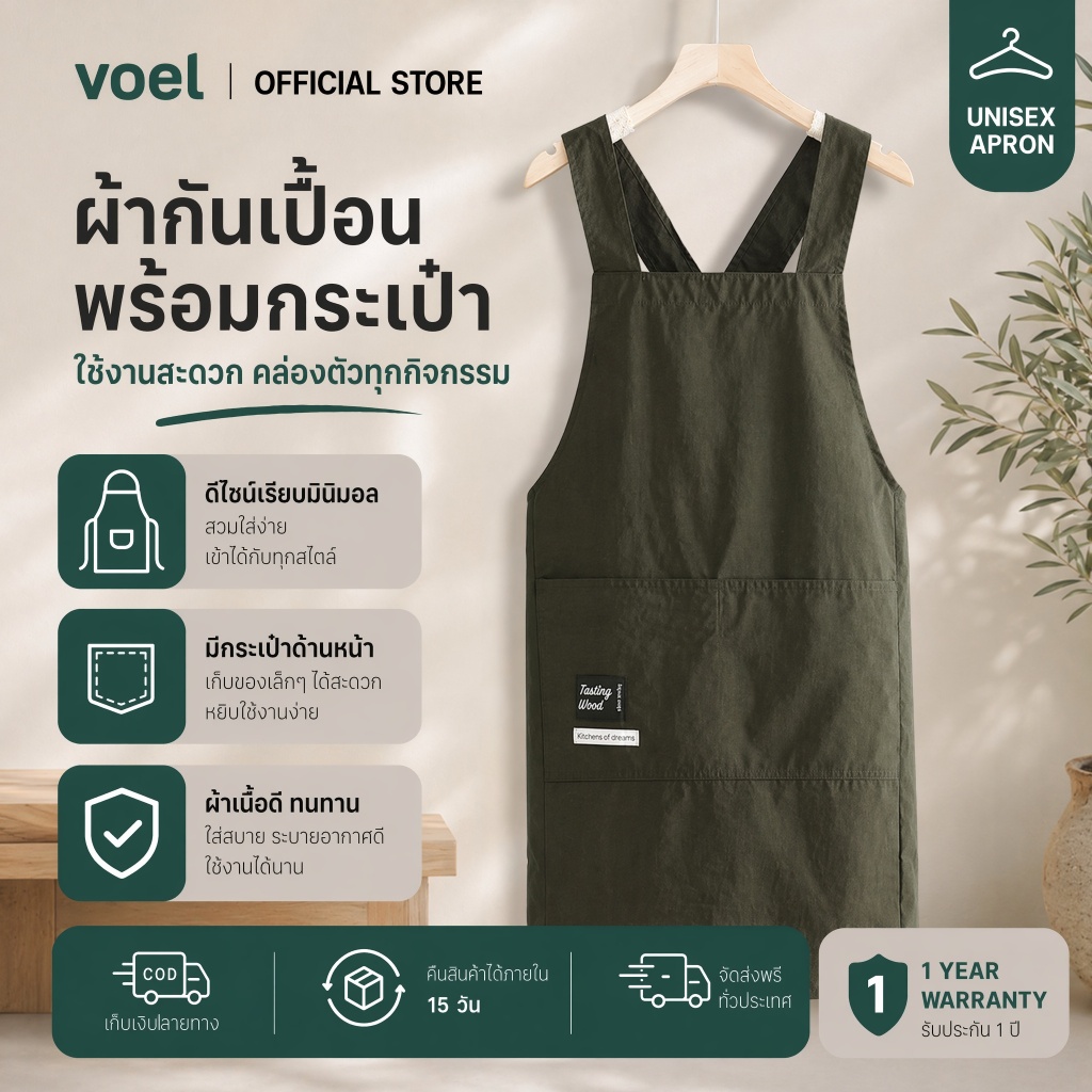 Voel ผ้ากันเปื้อนสำหรับทำอาหารในครัวระบายอากาศได้ผ้ากันเปื้อนที่เอวทนทานต่อการสึกหรอสำหรับผู้ใหญ่ใช้ในบ้าน