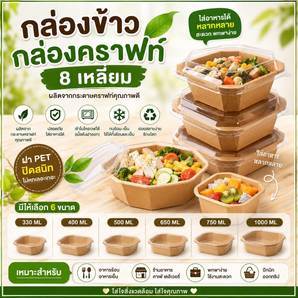 กล่องกระดาษคราฟท์ สี่8เหลี่ยม(50ชิ้น)พร้อมฝาใสPP กล่องคราฟ รุ่นหนา กล่องข้าวคราฟท์ บรรจุภัณฑ์ใส่อาหาร กล่องอาหารกระดาษ