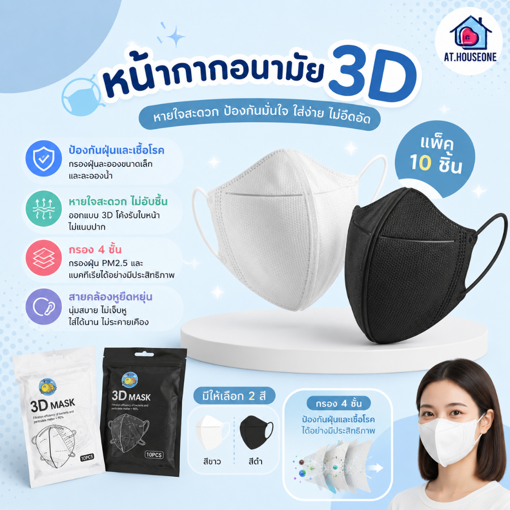 At.Houseone แมสปิดจมูก3D 1ห่อ 10ชิ้น สีขาว สีดำ ⚡️🔥สินค้าพร้อมส่งในไทย⚡️🔥แมสปิดจมูก 3D 1 ห่อมี 10 ชิ้น
