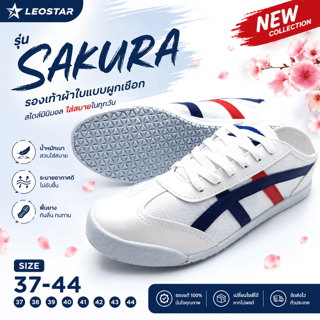 LeoStar รองเท้าผ้าใบผูกเชือก ซากุระ ไซส์ 37-44