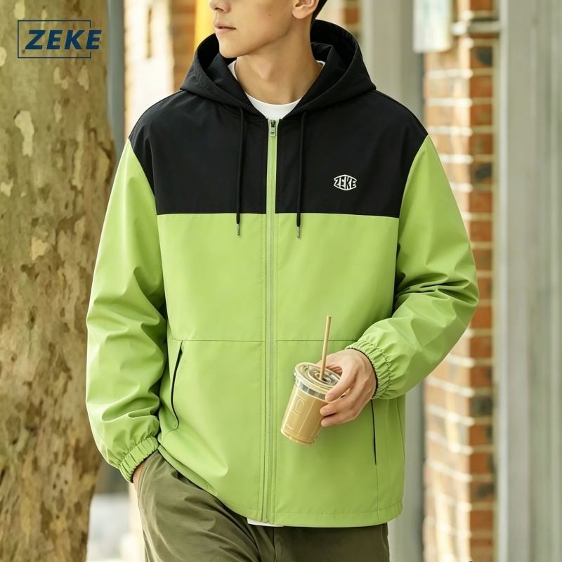 ZEKE C0050 เสื้อแจ็คเก็ตกันน้ำสองสีสำหรับผู้ชาย ปักโลโก้ เสื้อแขนยาวลำลองมีฮู้ด