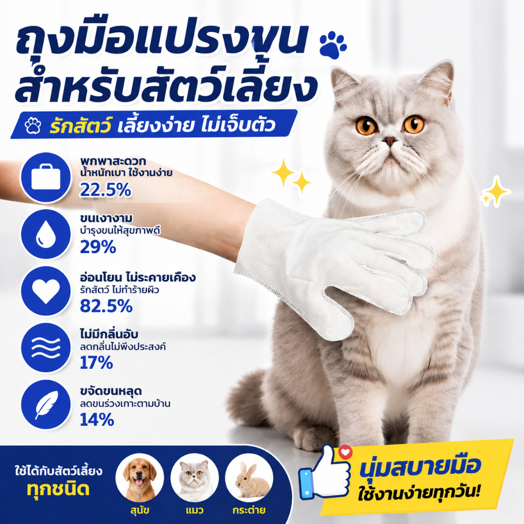 ถุงมืออาบแห้งสัตว์เลี้ยง ถุงมือเช็ดตัวสุนัขแมว ไม่ต้องใช้น้ำ อ่อนโยน ไม่ระคายเคือง ลดกลิ่น ขนนุ่มสะอาด