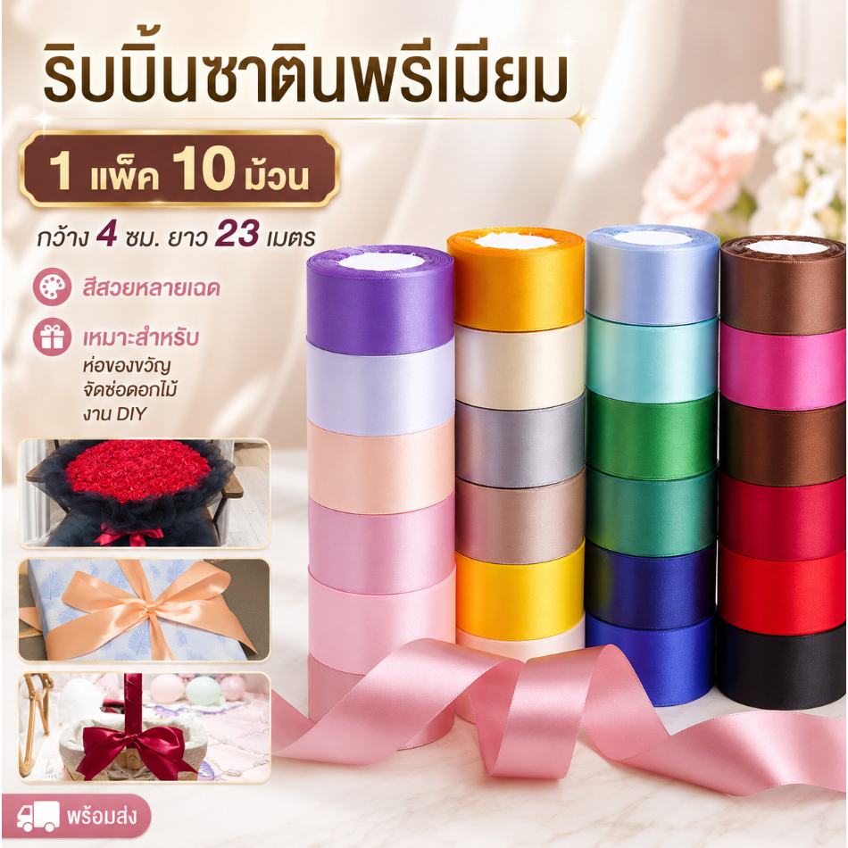 1 แพ็ค มี 10 ม้วน  ริบบิ้นซาตินเนื้อหรู กว้าง 4 ซม. ยาว 22 ม. ผิวเงางาม เหมาะตกแต่งของขวัญ งานDIY จัดดอกไม้ พร้อมส่ง