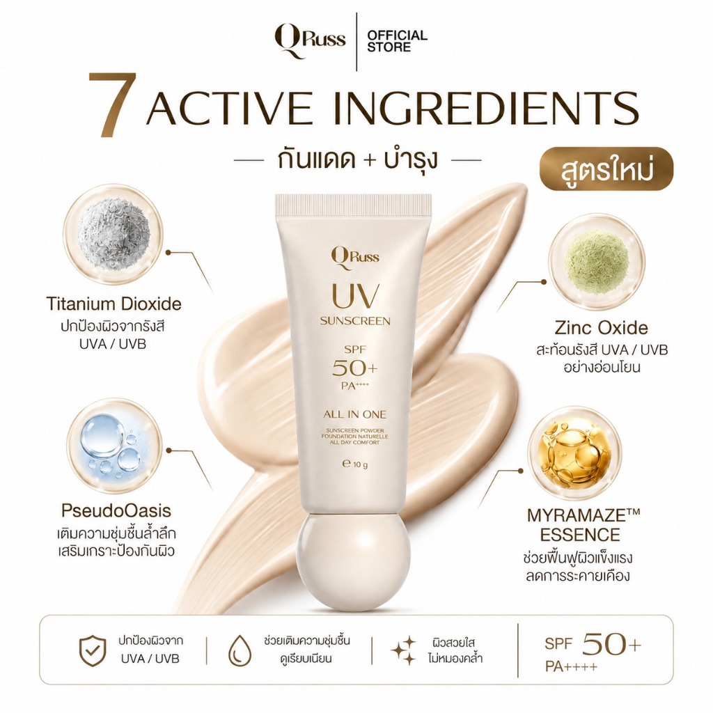 ครีมกันแดด QRuss UV Sunscreen SPF 50+ PA++++ เป็นทั้งบำรุง กันแดด ไพร์เมอร์ ใช้ได้ทุกสีผิว Every Skin tone