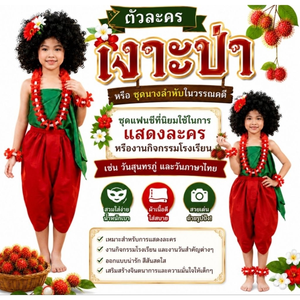 ชุดเงาะป่าเด็ก  ชุดนางลำหับ  เด็กและผู้ไหญ่ ชุดแฟนซีเงาะป่า  ชุดประกวดตัวละครในวรรณคดีไทย ชุดการแสดงพื้นบ้าน
