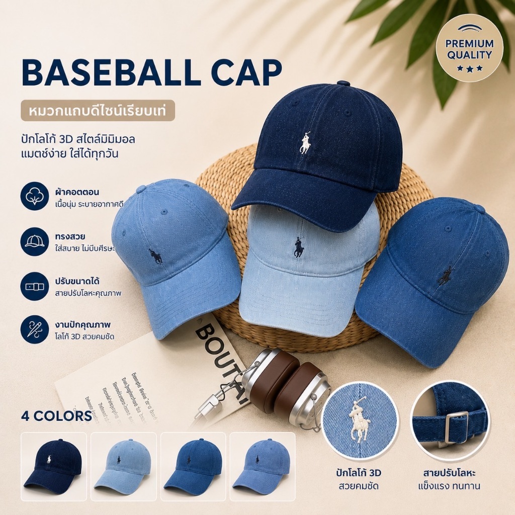 หมวกแก๊ป สไตล์แฟชั่น POL ผ้ายีนส์ งานปัก คุณภาพดี เนื้อผ้าดี มี3สี Cap Fashion Vintage