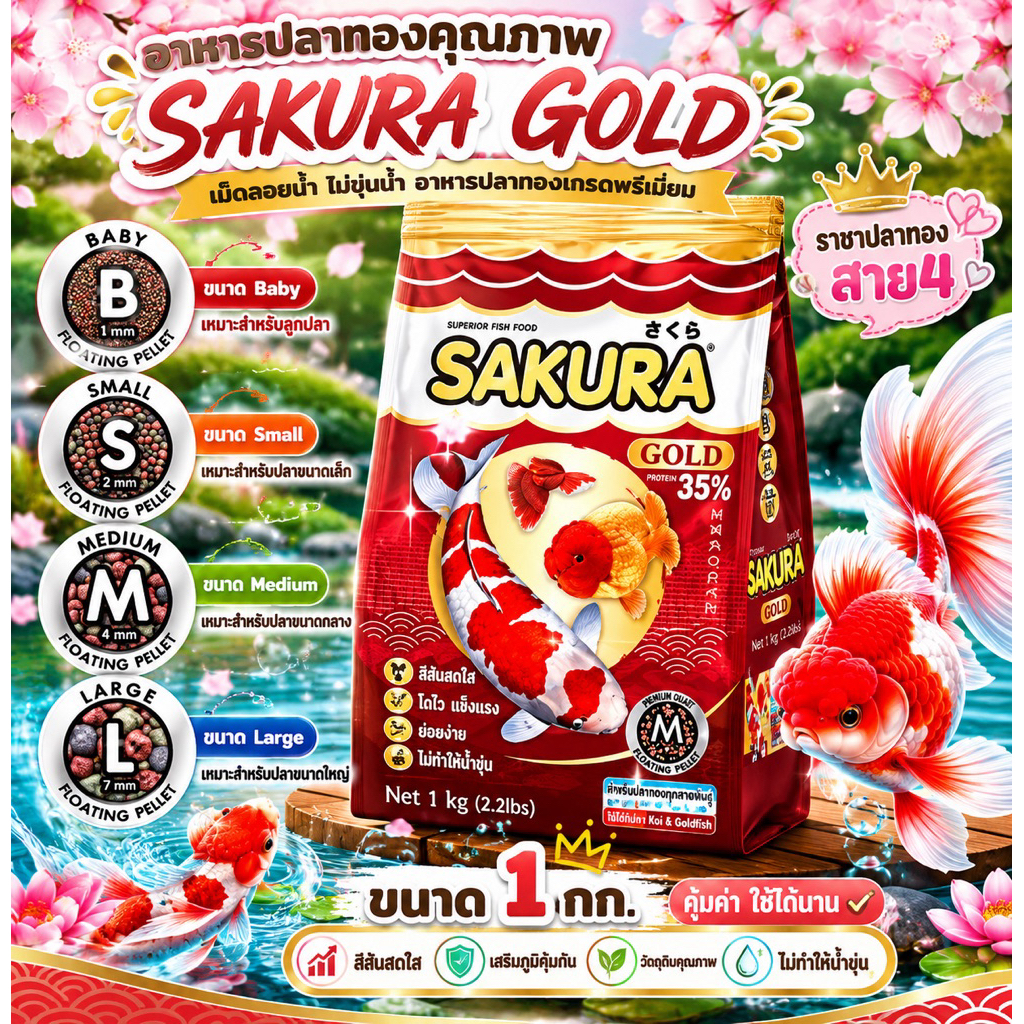อาหารปลาซากุระ โกลด์ อาหารปลาคาร์ฟ ปลาทอง Sakura Gold อาหารปลา ขนาด 1 กิโลกรัม (เม็ดลอย)