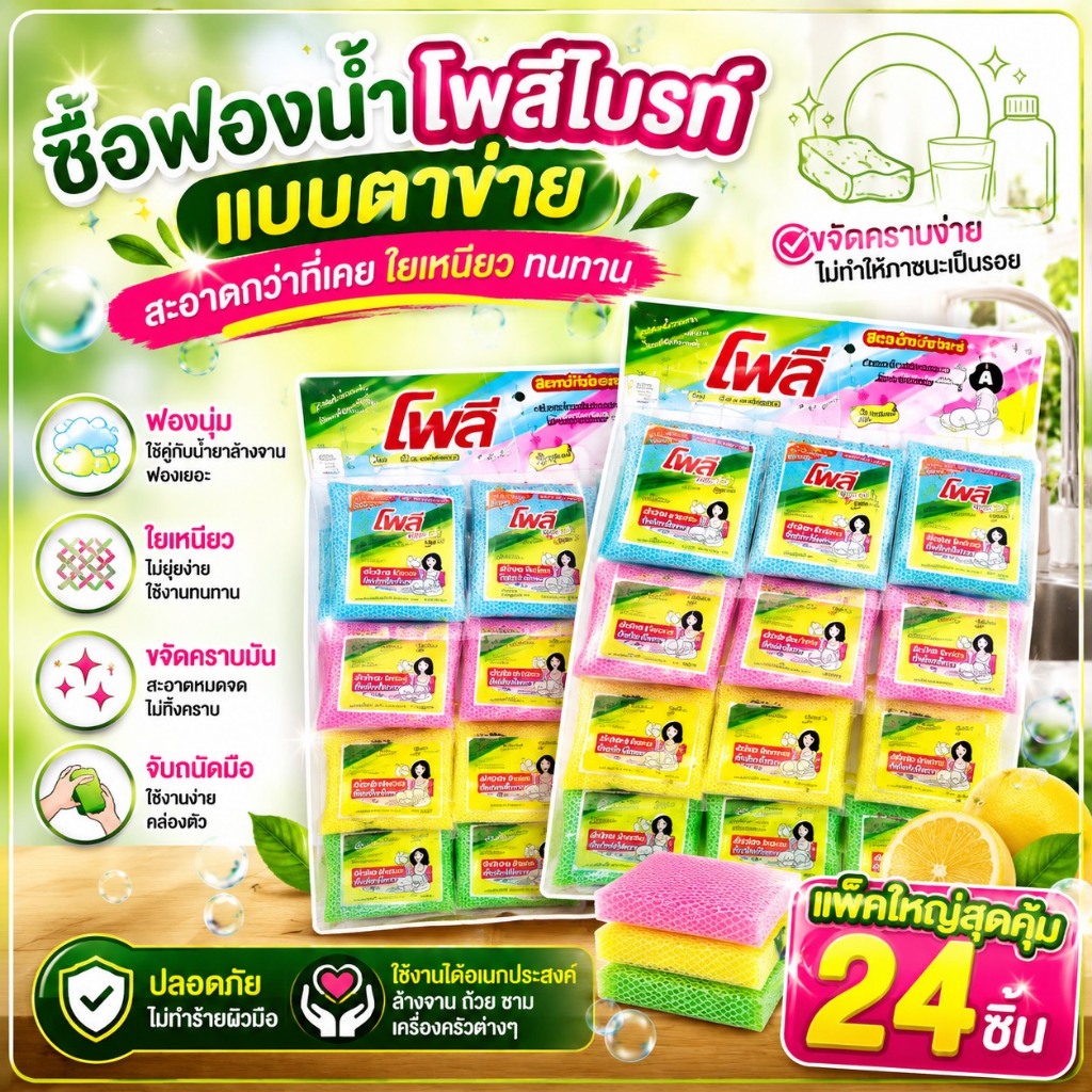 โพลี เดลี่ ฟองน้ำหุ้มตาข่าย ฟองน้ำล้างจาน นุ่ม สะอาด ใช้ดี ถูก เครื่องครัว ของใช้ ฟองน้ำหุ้มตาข่าย โพลีเดลี่สปอนจ์