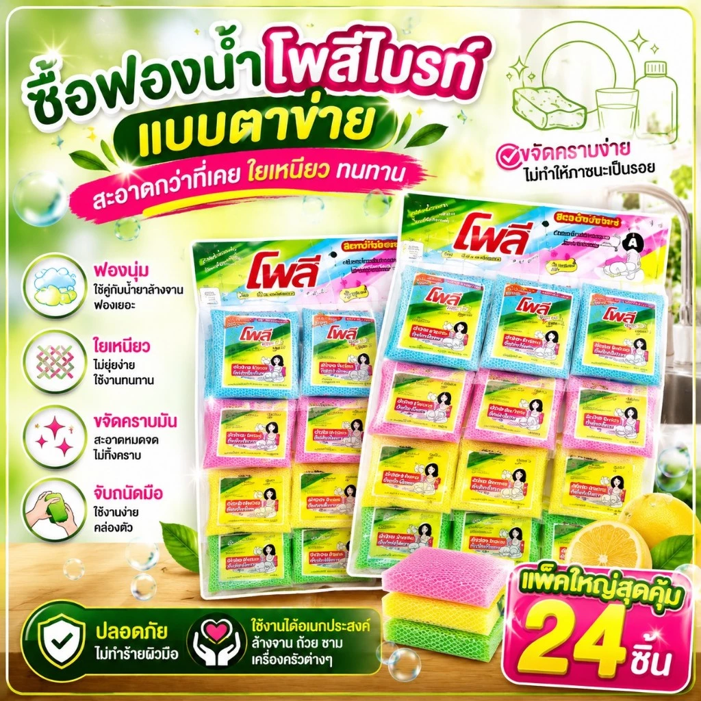 โพลี เดลี่ ฟองน้ำหุ้มตาข่าย ฟองน้ำล้างจาน นุ่ม สะอาด ใช้ดี ถูก เครื่องครัว ของใช้ ฟองน้ำหุ้มตาข่าย โพลีเดลี่สปอนจ์