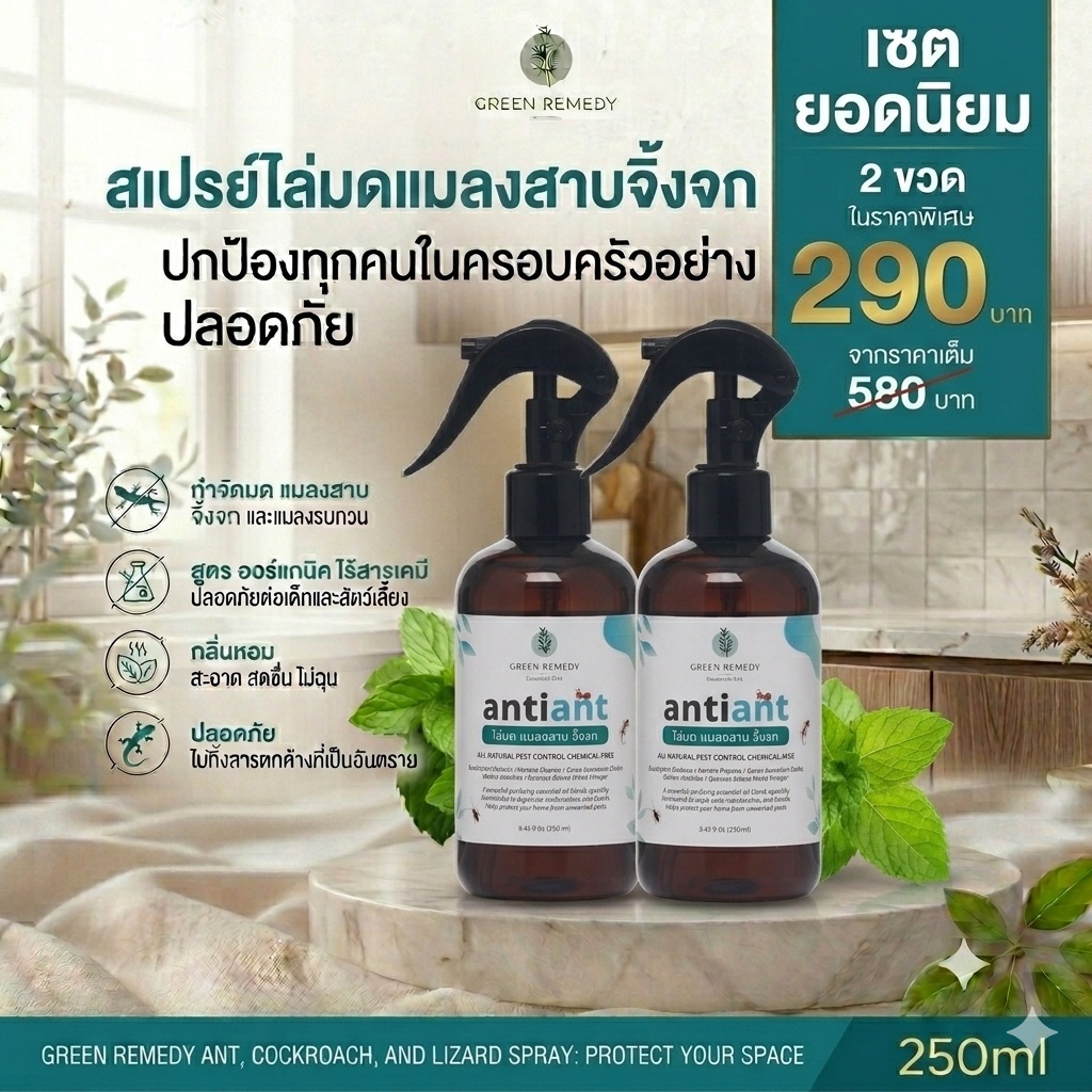 แพ็คคู่ 2 ขวด Anti-ANT สเปรย์ไล่มด แมลงสาบ จิ้งจก สูตรออร์แกนิค ปลอดภัยต่อเด็กและสัตว์ (ไล่ด้วยกลิ่นธรรมชาติ ไม่ฆ่า)