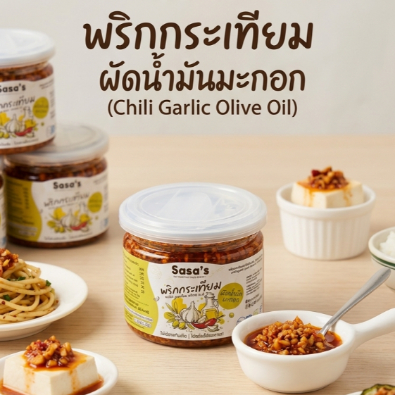 พริกกระเทียมผัดน้ำมันมะกอก สูตรคลีน Vegan 100% ไม่เติมน้ำตาล sasas.food