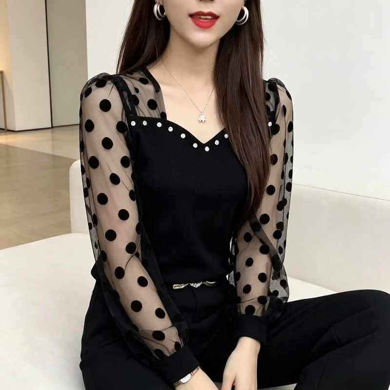 Casual Shirts Women Polka Dot Mesh Long-Sleeve Patchwork T-Shirt Blouses 2026 New Fashionable and Versatile Loose Top