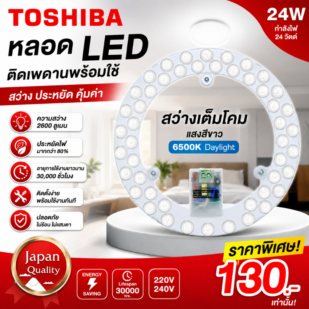 TOSHIBA แผงไฟ LED 24W 2600LM หลอดไฟ ไฟติดเพดาน ไม่ต้องเจาะ ติดด้วยแม่เหล็ก 24 วัตต์