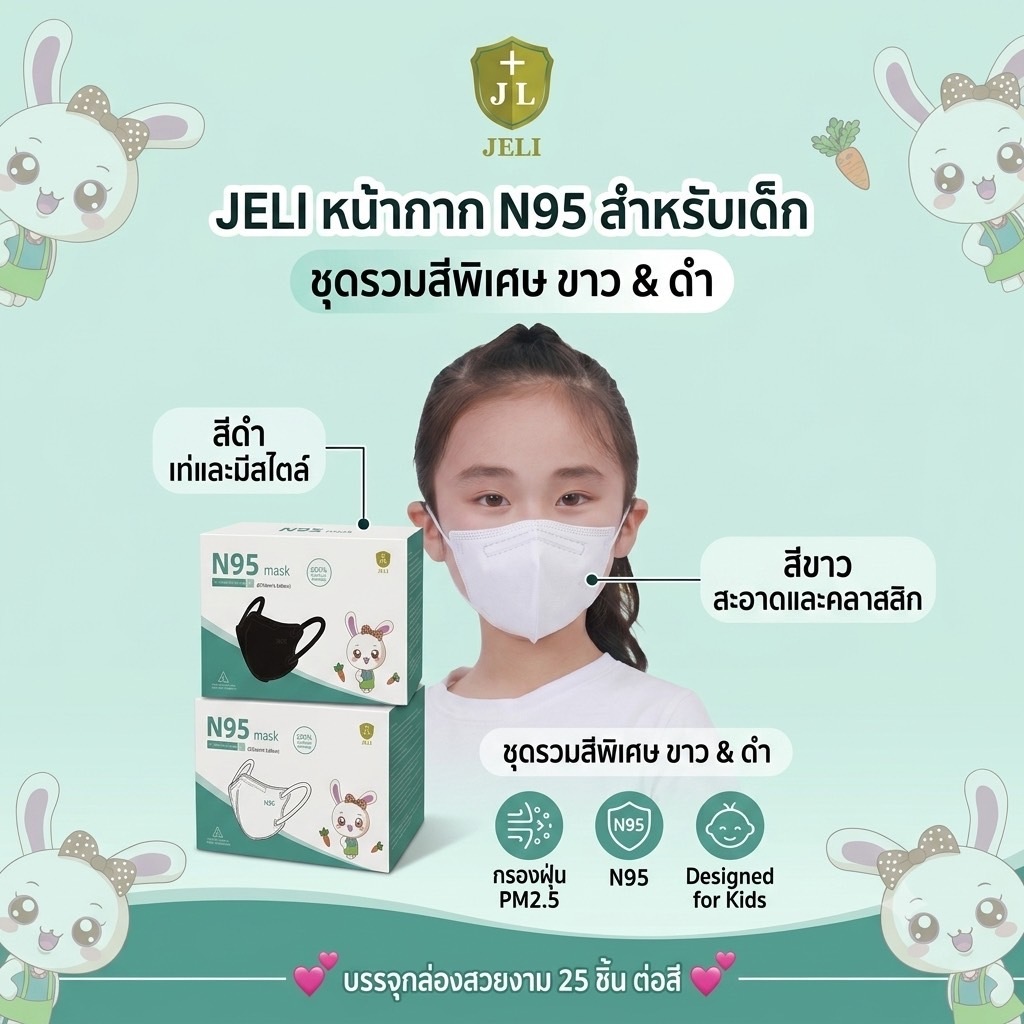 [1กล่อง25ชิ้น] แมสเด็ก KN95สีพื้น เหมาะสำหรับเด็ก 3-12ปี งานหนา5ชั้น กันฝุ่น กันPM2.5 มีสินค้าพร้อมส่ง