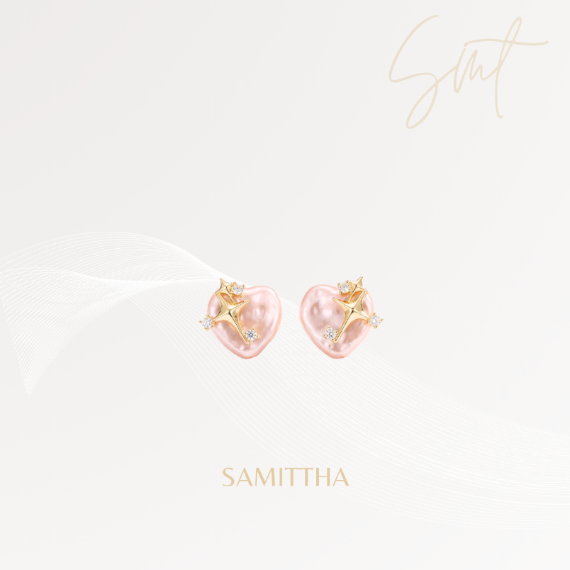 SAMITTHA ต่างหูรูปหัวใจประดับดาว งาน Handmade รุ่น Pink Pearly Star [รับประกัน 14 วัน]