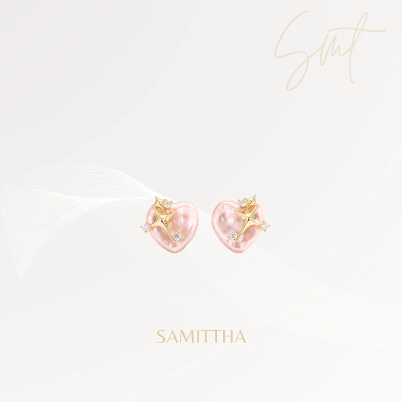 SAMITTHA ต่างหูรูปหัวใจประดับดาว งาน Handmade รุ่น Pink Pearly Star [รับประกัน 14 วัน]