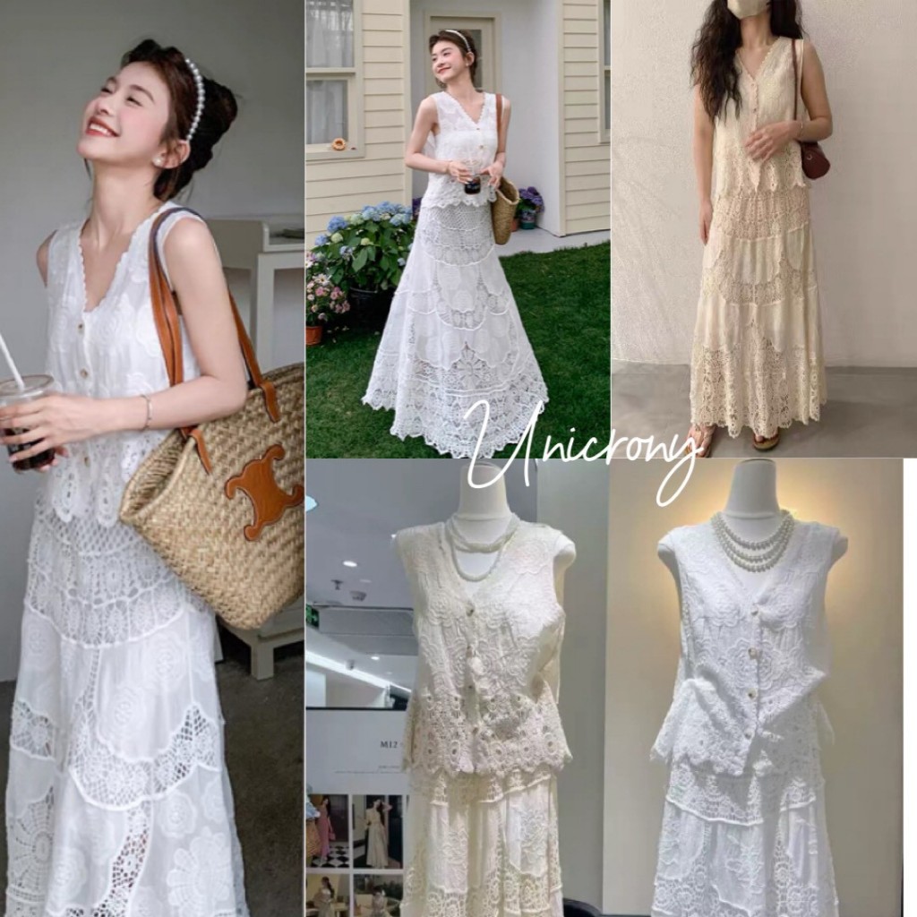 unicronyพร้อมส่ง เสื้อลูกไม้แต่งกระดุม ปักลายดอกไม้สวยงาม กระโปรงยาวลูกไม้ มาใหม่