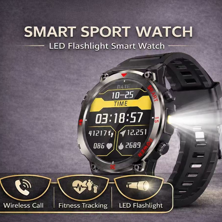 New GT11 Outdoor Smart Watch LED Flashlight Men Bluetooth Calling Sports Fitness Tracking Smart Watc