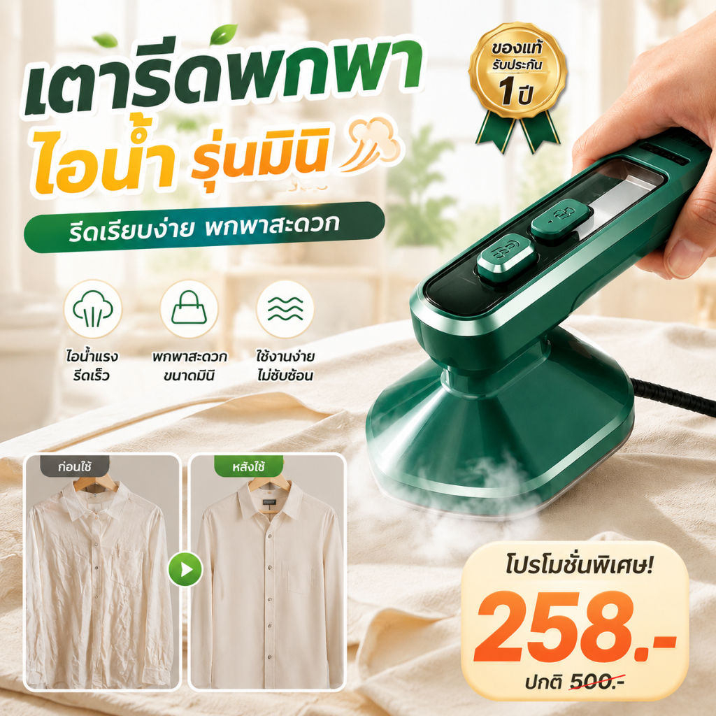 👚ประกัน5 ปี 👚 2 In 1 รีดเร็ว อัตรากำจัดไรเชื้อรา99.99%  เตารีดไอน้ำ  รีดเรียบใช้ง่าย เปียกและแห้ง เตารีดพกพา