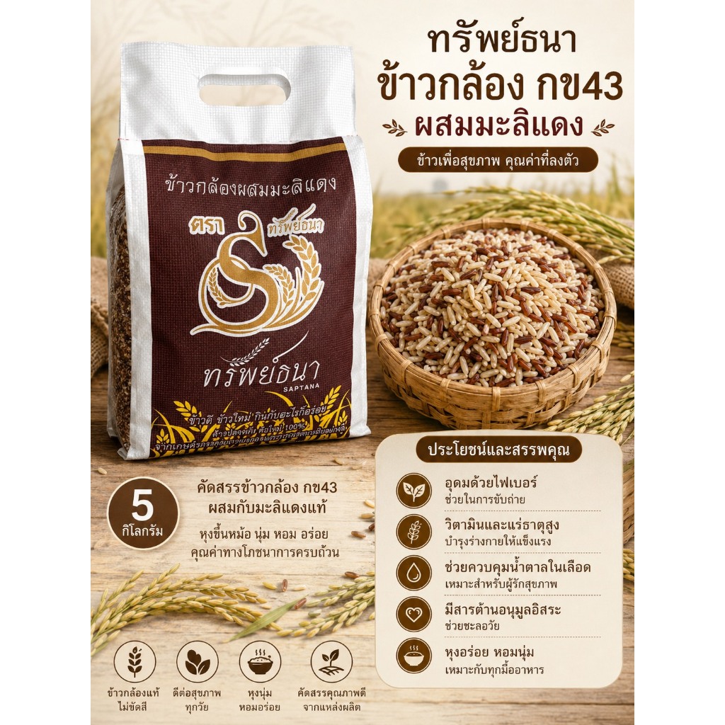 ข้าวสาร ช้าวใหม่ หอม นุ่ม ข้าวกล้องกข43ผสมมะลิแดง กระสอบ5กิโลกรัม