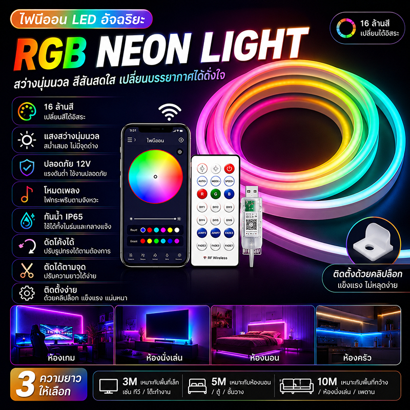 ไฟเส้น LED Neon Flex ไฟแต่งห้อง RGBIC Neon Rope Dream Color ป้ายไฟ USB แถบไฟตกแต่งยืดหยุ่น