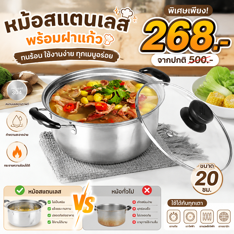 🥘พร้อมส่งในไทย🥘หม้อด้าม หม้อสแตนเลส 304 ใช้ได้กับเตาทุกประเภท หม้อสองหู ไม่ติดกระทะ หม้อต้มน้ำท่อม ต้มซุป หม้อต้ม ต้มนม.