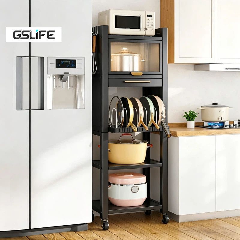 GSlife ตู้เก็บของอเนกประสงค์สำหรับห้องครัวแบบมีล้อเลื่อน พร้อมประตูเปิดปิดด้านบน