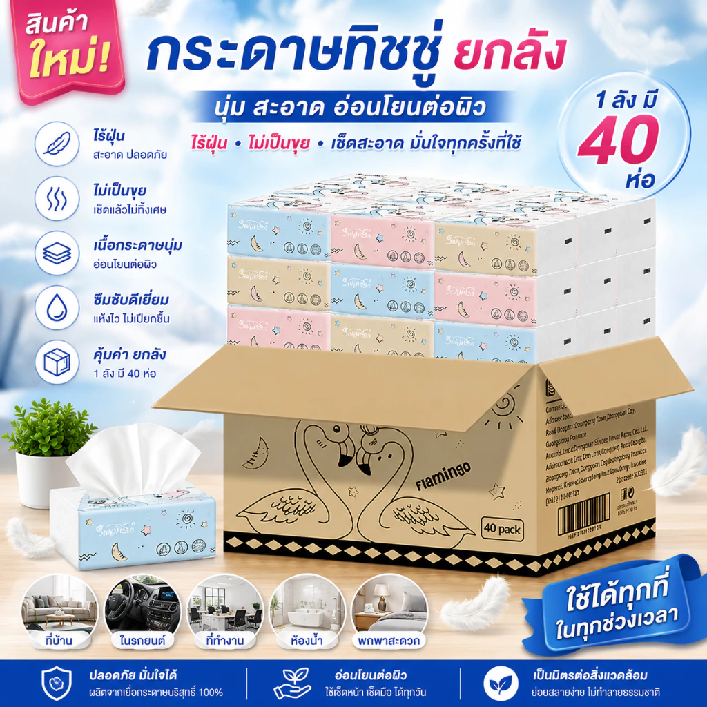 ⭐ลูกค้าใหม่ 1.-⭐ สินค้าใหม่ ! กระดาษทิชชู่ ยกลัง (1ลังมี40ห่อ) ไร้ฝุ่น กระดาษเช็ดหน้า ไม่เป็นขุย