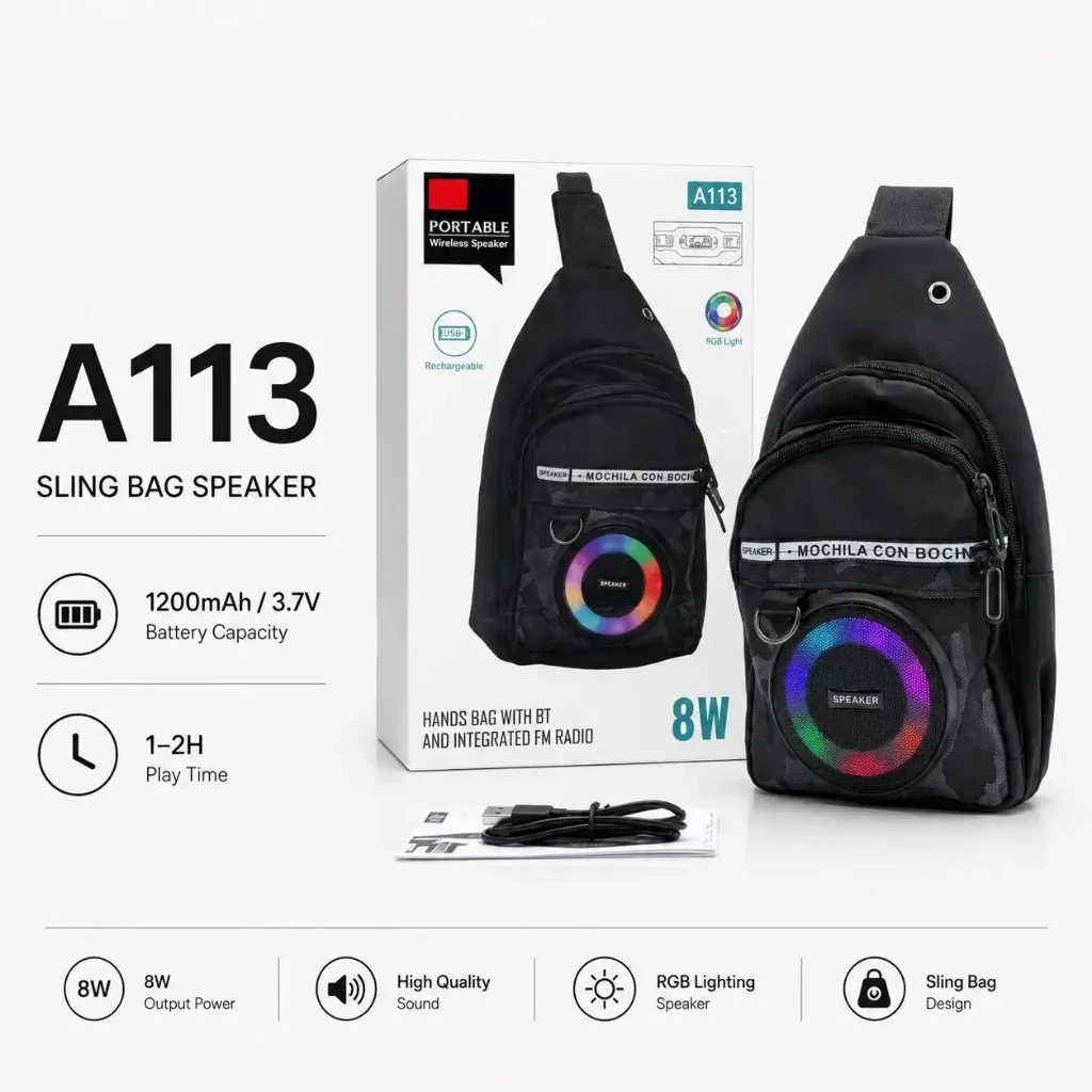 กระเป๋าสะพายลำโพง กันฝน Bluetooth RGB รุ่น A113 เสียงดัง เบสแน่น รองรับ USB/TF Card Bluetooth speaker