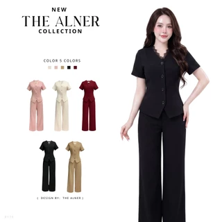 Thealner-AN179 (เซตเสื้อคอวีแต่งลูกไม้แขนสั้นกางเกงขายาว)