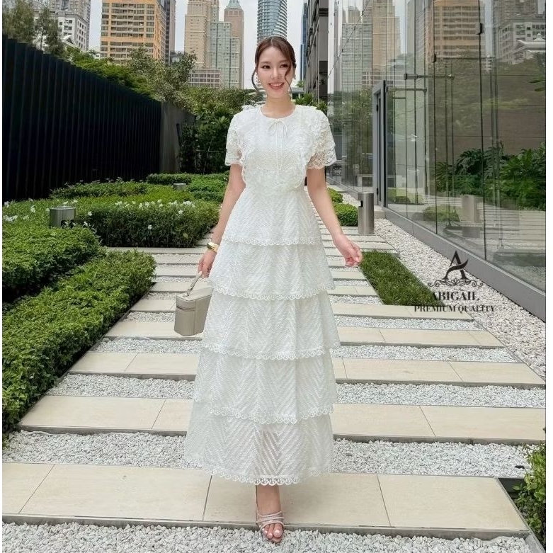เดรสลูกไม้ขาวออกงาน!!! S-2XL Maxi Dress เดรสขนมชั้น,เดรสสีขาวแขนสั้นผ้าลูกไม้ระบาย5ชั้น งานป้าย