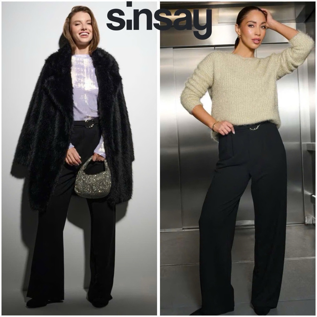SINSAY Wide leg trousers กางเกงผ้าสีดำ เอวสูง ผ้ายืด