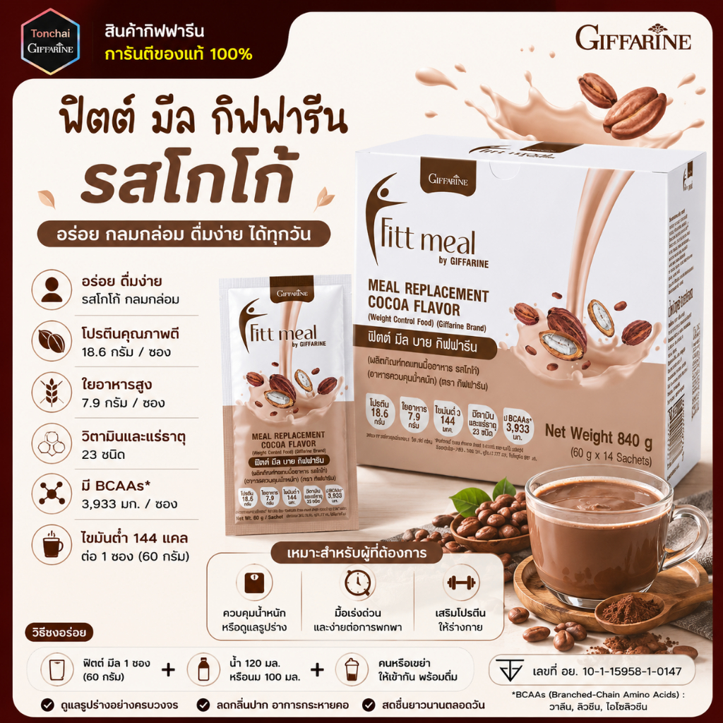 ฟิตต์มีล ฟิตมิล กิฟฟารีน รสโกโก้ มี 14 ซอง ทานได้ 14 มื้ออาหาร สารอาหารครบถ้วน 5 หมู่