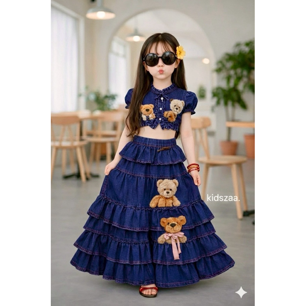 ชุดเซ็ทเสื้อแขนกุดสกรีนลายน้องหมี กระโปรงยาว ไซร์ 100-160