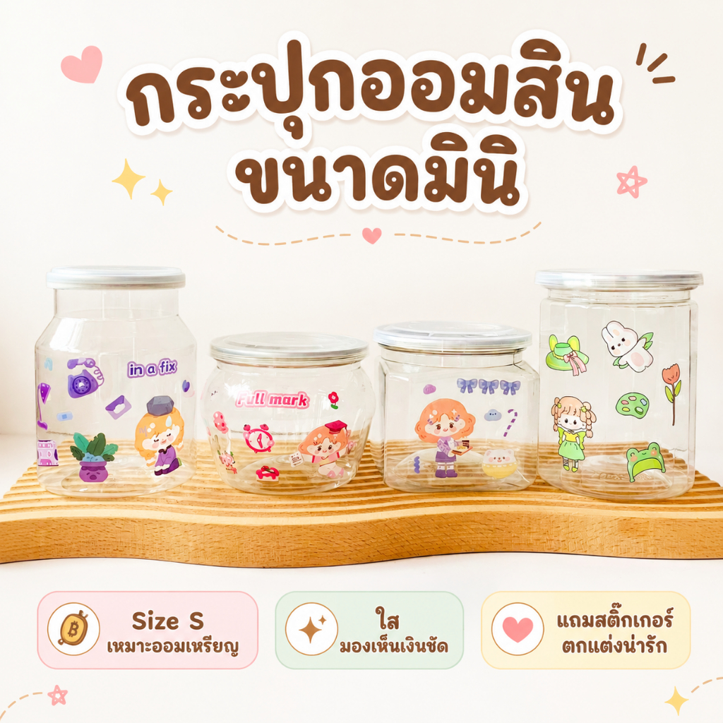 กระปุกออมสินพลาสติกใส ฝาเปิดเหมือนปลากระป๋อง พร้อมสติ๊กเกอร์ตกแต่งน่ารัก
