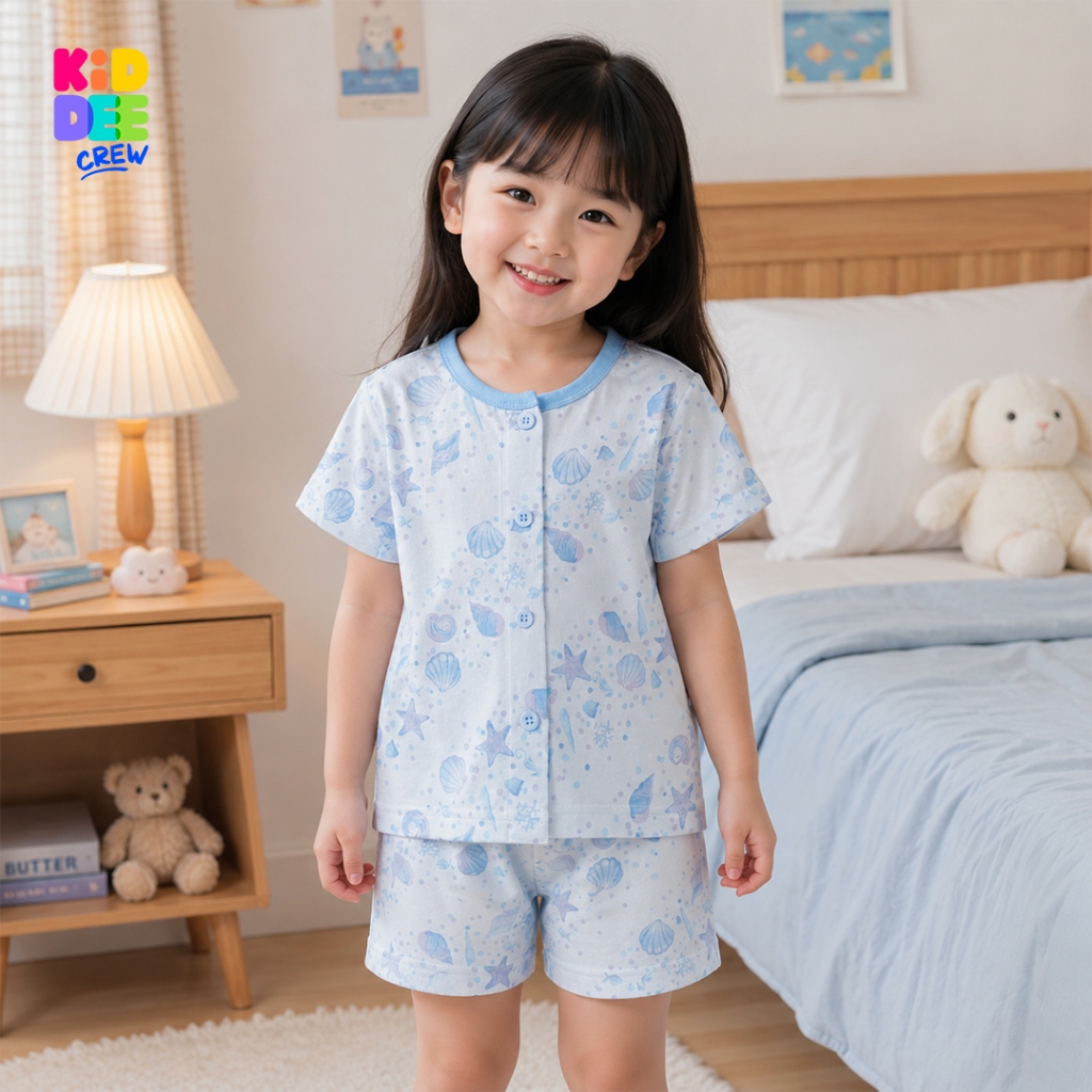 KiddeeCrew ชุดนอนเด็ก แขนสั้นขาสั้น สีฟ้าท้องทะเล เหมาะสำหรับอายุ 1-12 ปี