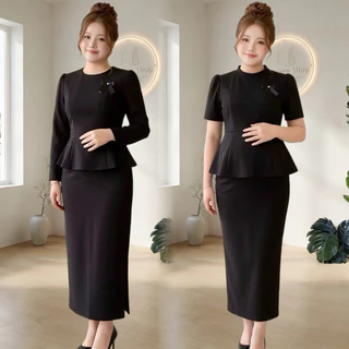S206เซ็ท2ชิ้น เสื้อคอตั้ง+กระโปรงยาว *เสื้อมีให้เลือกแขนสั้น&แขนยาว มี3ไซส์ L XL 2XL รอบอก40-60นิ้ว ผ้าวูลเวฟ