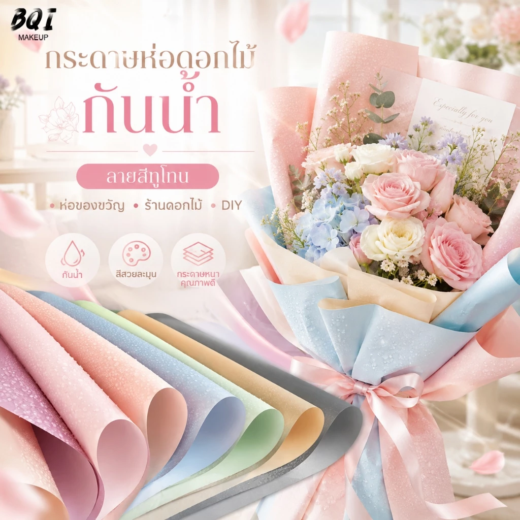 กระดาษห่อดอกไม้กันน้ำ ลายสีพาสเทลทูโทน กระดาษจัดช่อดอกไม้ ห่อบูเก้ ห่อของขวัญ