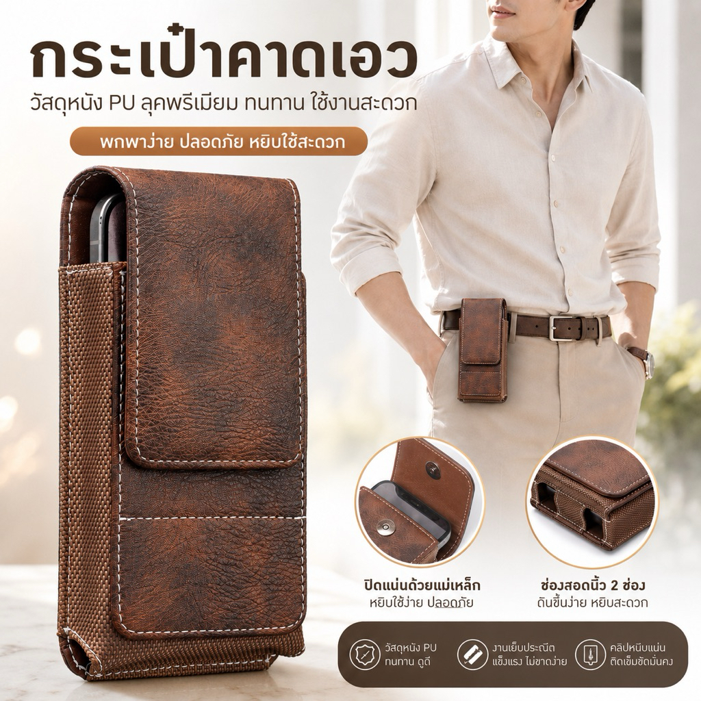 U-MAN แนวตั้ง ซอง กระเป๋า หนัง คาดเอว เหน็บเอว ใส่มือถือ ใส่โทรศัพท์ สำหรับ ไอโฟน ซัมซุง 5.5 - 6.7