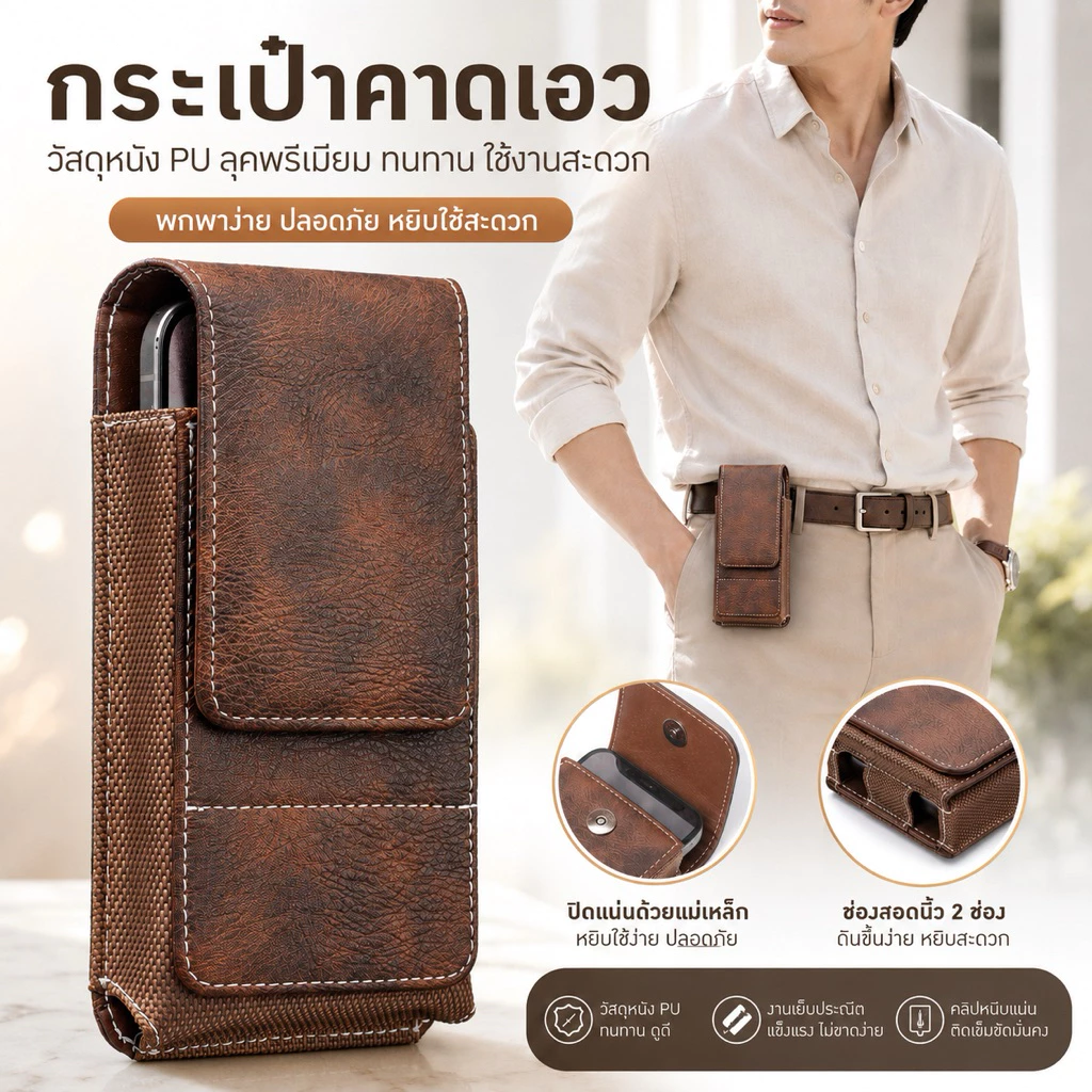 U-MAN แนวตั้ง ซอง กระเป๋า หนัง คาดเอว เหน็บเอว ใส่มือถือ ใส่โทรศัพท์ สำหรับ ไอโฟน ซัมซุง 5.5 - 6.7