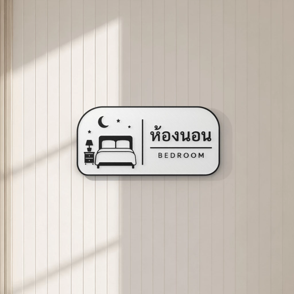 ป้ายห้องนอนมินิมอล 3D Print | Minimal Bedroom Sign ขาวดำ พร้อมไอคอนเตียงและพระจันทร์ | ป้ายติดผนังตกแต่งบ้าน