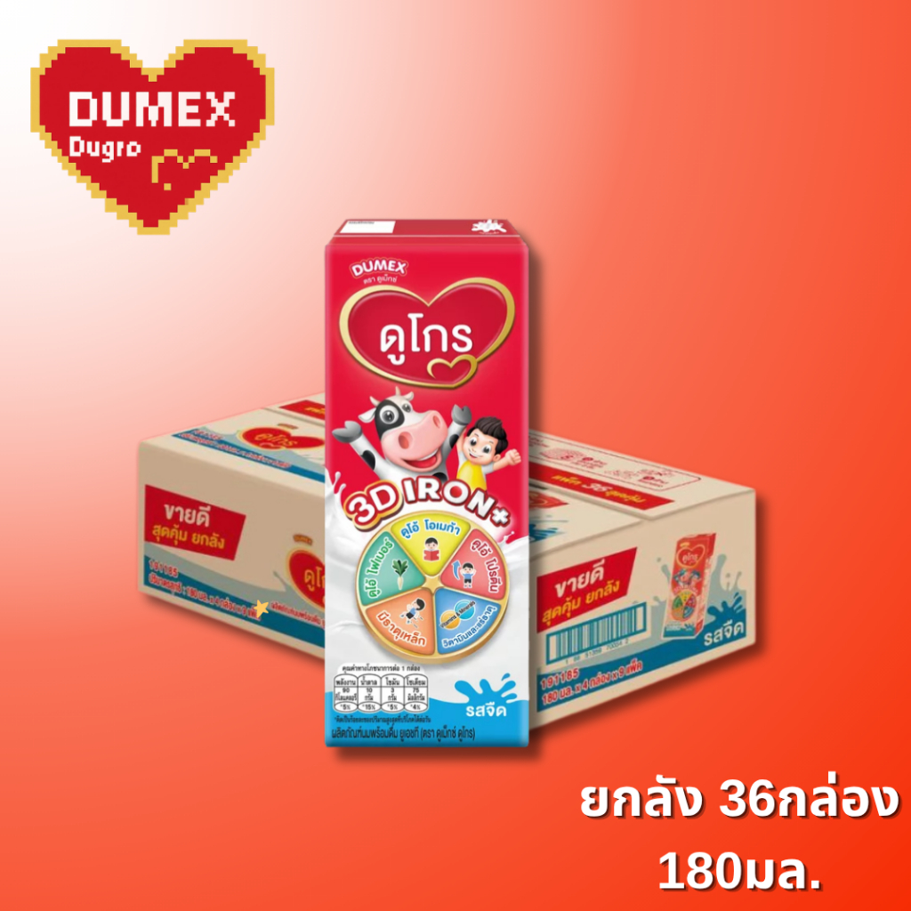 UHT Dugro 3D IRON+ ผลิตภัณฑ์ นมยูเอชที ดูโกร 3 ดี 180 มล (ยกลัง 36 กล่อง)