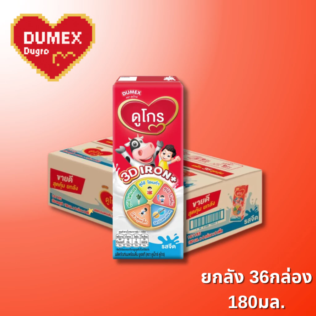 UHT Dugro 3D IRON+ ผลิตภัณฑ์ นมยูเอชที ดูโกร 3 ดี 180 มล (ยกลัง 36 กล่อง)