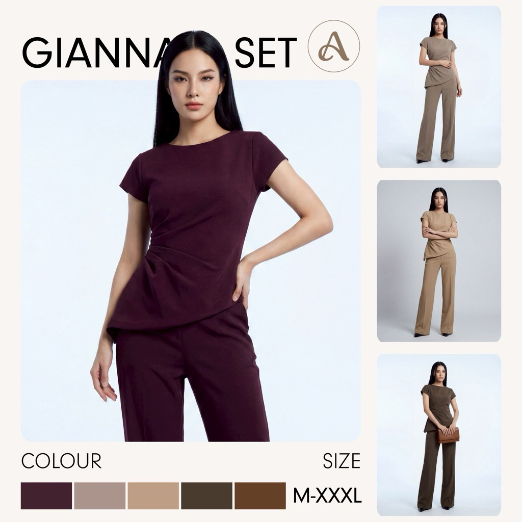 AN320Gianna Set ชุดเซตจีบเอวแขนล้ำขายาว