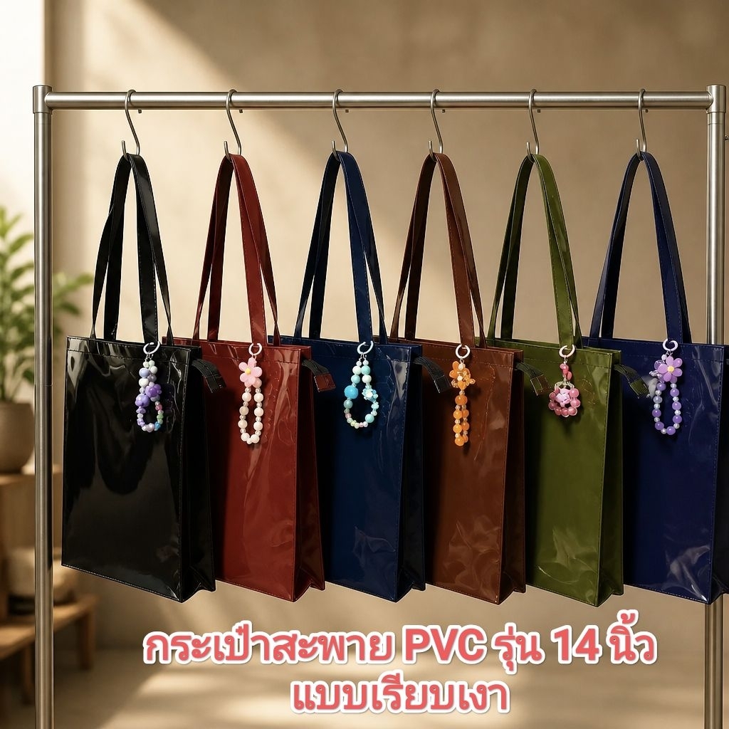 กระเป๋าสะพายทรงตั้งPVC(แบบเรียบเงา)รุ่น14นิ้วมีแผ่นรองและพวงกุญแจฟรีขนาดกระเป๋ากว้าง12นิ้วสูง14นิ้วสายยาว24นิ้ว